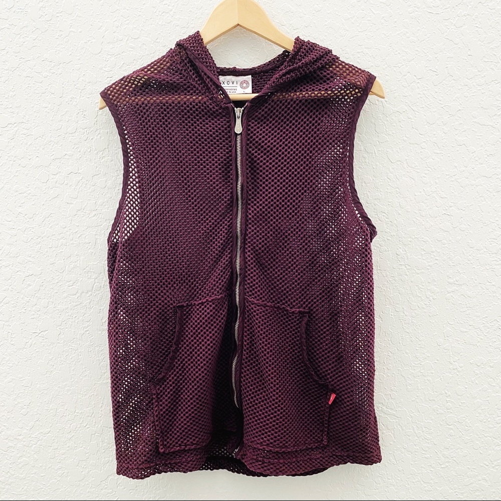 XCVI Burgundy Mesh Zip Up Vest with Hood & Pockets
